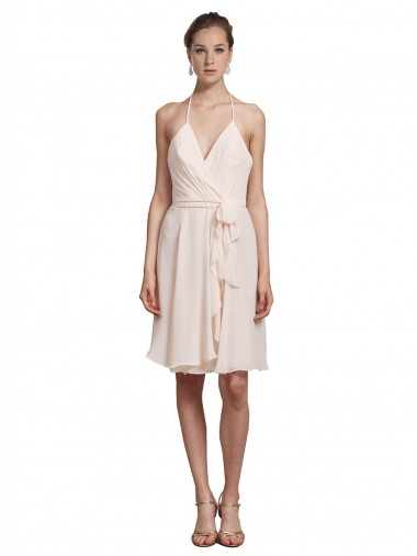 Short Knee Length Wrap Chiffon Halter Bridesmaids Dress UK
