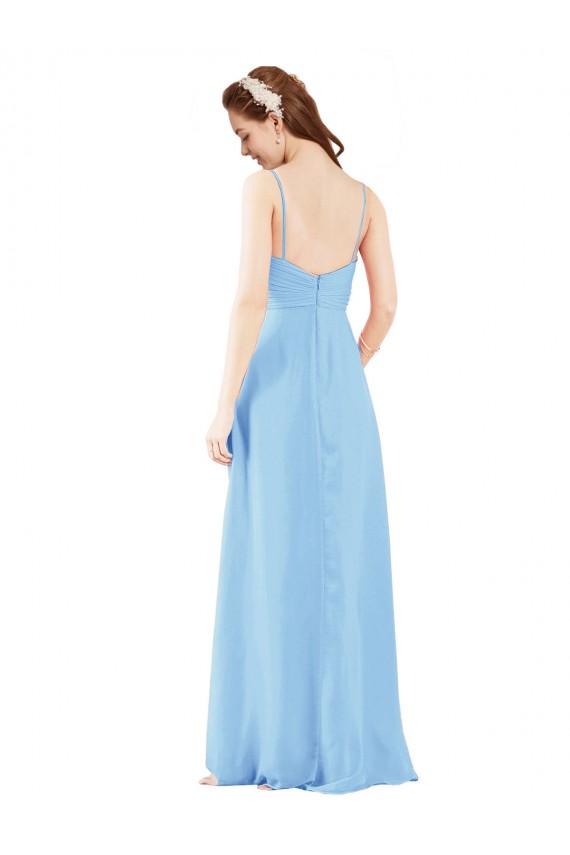 Pleated Low Back Long V-Neck Chiffon Bridesmaid Dress with Thin Straps UK