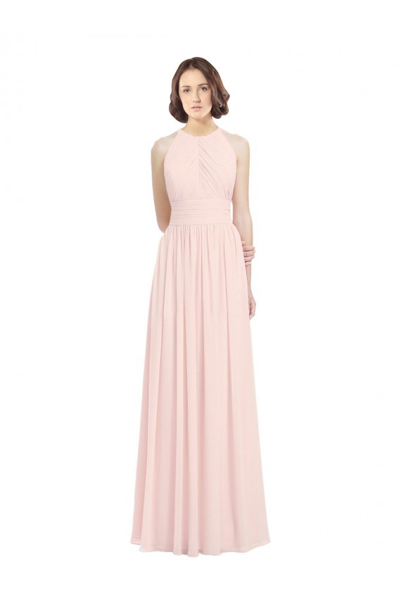 Sleeveless Chiffon High Neck Bridesmaid Dress with Diagonal Pleats UK