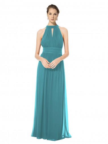 Ruched Long Chiffon Halter Bridesmaid Dress with Tie Back and Tails UK