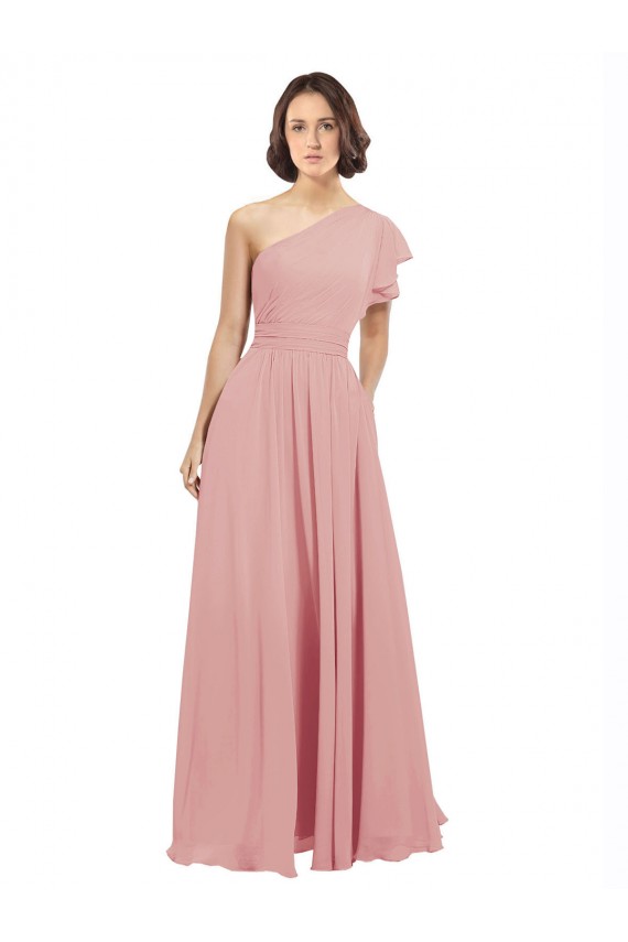 Chiffon Bridesmaids Dress with One Shoulder Flounced Sleeve UK