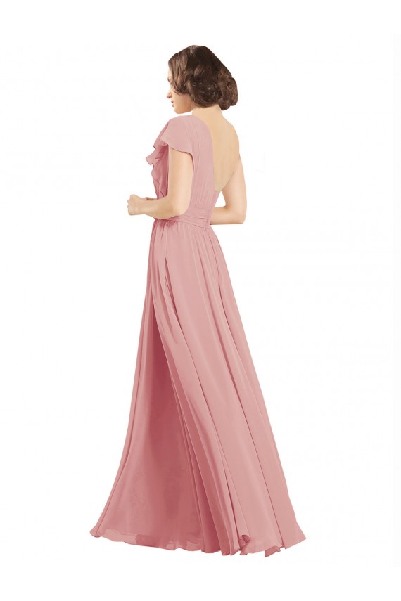 Chiffon Bridesmaids Dress with One Shoulder Flounced Sleeve UK