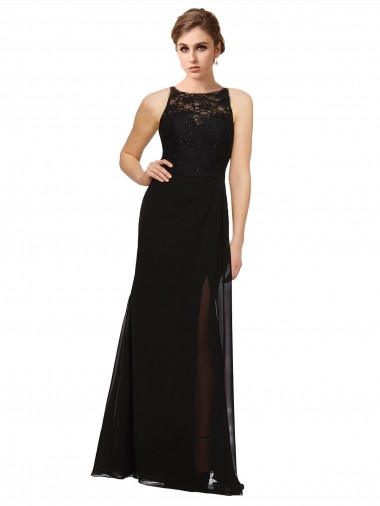 Sheath Beaded and Embroidered Bridesmaids Dress with Lace Bodice and Chiffon Skirt UK