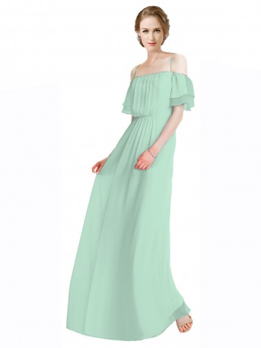 Spaghetti Straps Long Chiffon Off-The-Shoulder Bridesmaid Dress with Double Flounce Sleeves UK