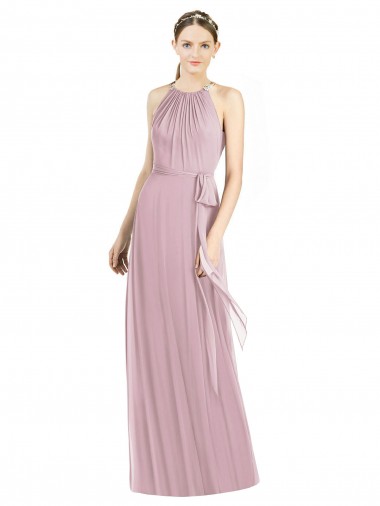 Shirred Halter Neck Long Chiffon Bridesmaid Dress UK