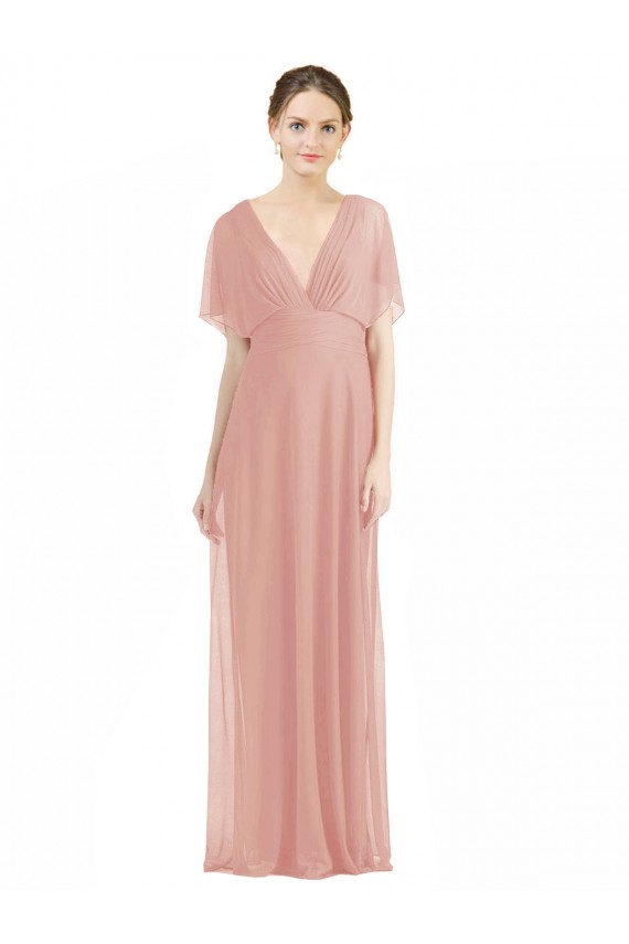 Draped Short Sleeves Long Chiffon A-Line Bridesmaid Dress UK