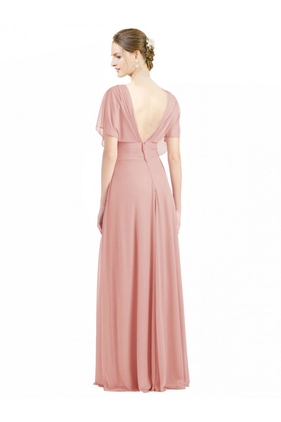 Draped Short Sleeves Long Chiffon A-Line Bridesmaid Dress UK
