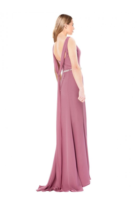Long Slim Chiffon Bridesmaid Dress with Beaded Waist UK