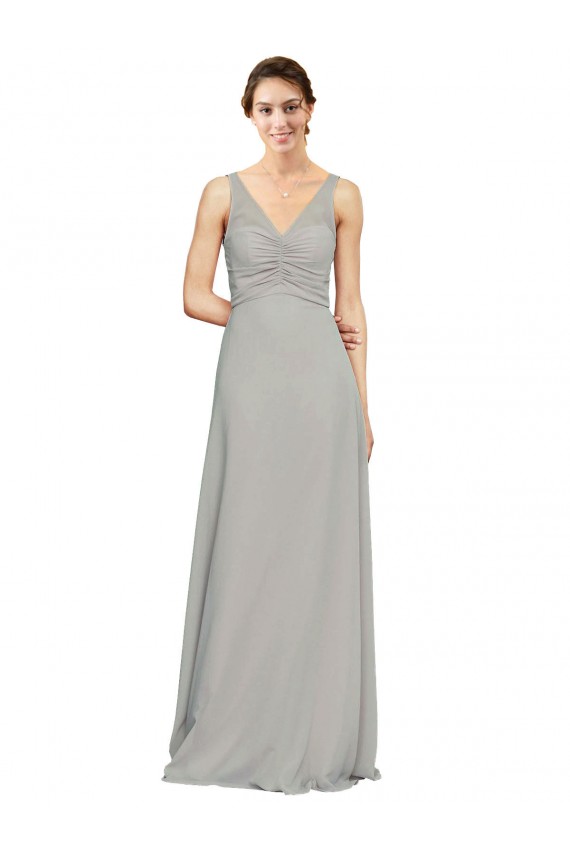 V-Neck Chiffon Bridesmaid Dress with Illusion Gathered Bodice UK