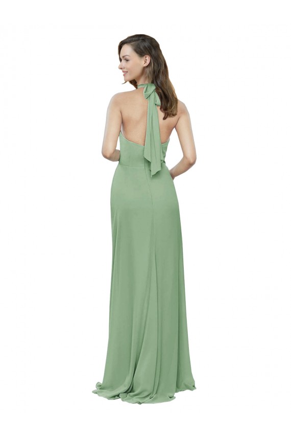 High Collar Halter Neck Chiffon Bridesmaid Dress with Long Back Tie UK
