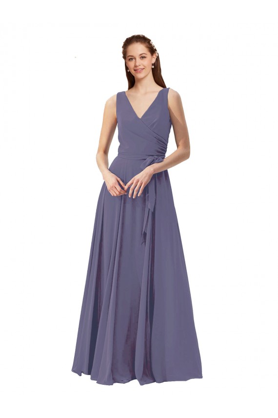 V-Neck Long Draped A-Line Chiffon Bridesmaid Dress UK