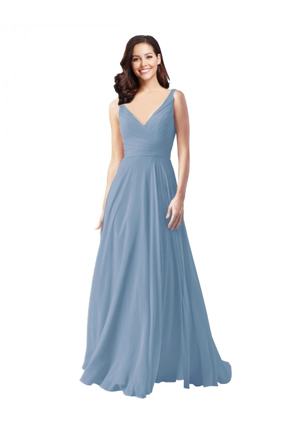 Long Chiffon V-Neck and Self Sash Bridesmaid Dress with Shirred Criss Cross Bodice UK