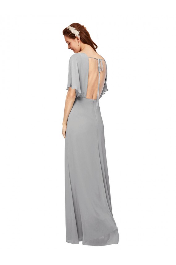 V-Neck Long Chiffon Bridesmaid Dress with Dolman Sleeved Bodice and Slit UK