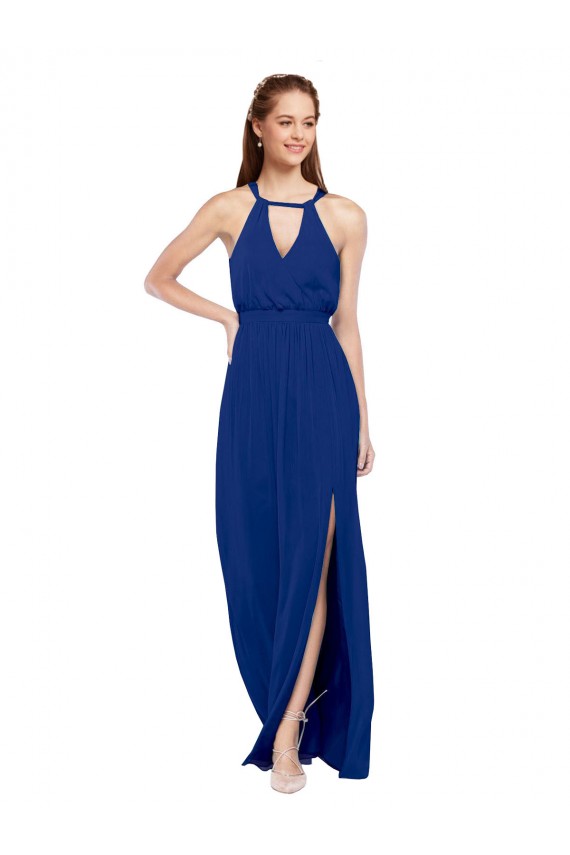 High Keyhole Neck Long Chiffon Bridesmaid Dress with Slit UK