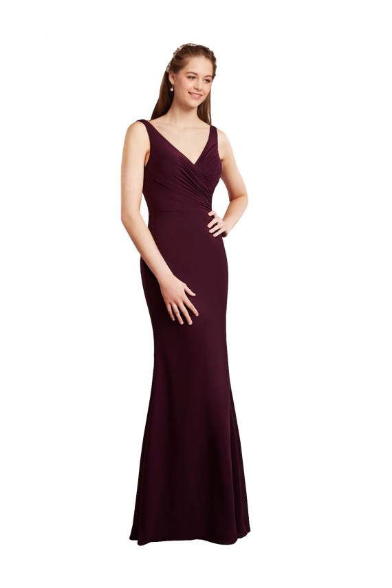 Floor Length Fluted Chiffon Dress with Draped Bodice and V-Neckline UK
