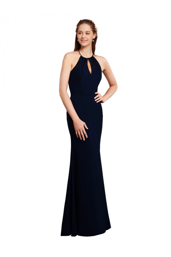 Fluted Long Chiffon Bridesmaid Dress with Halter Neckline and Keyhole UK