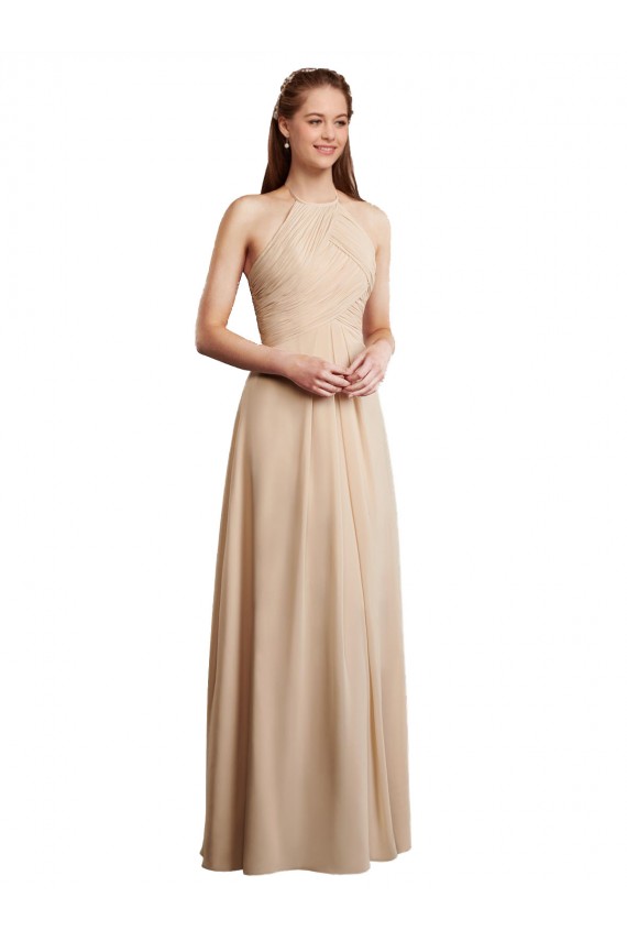 Draped Halter Neck Long Chiffon Bridesmaid Dress with Tie Back UK