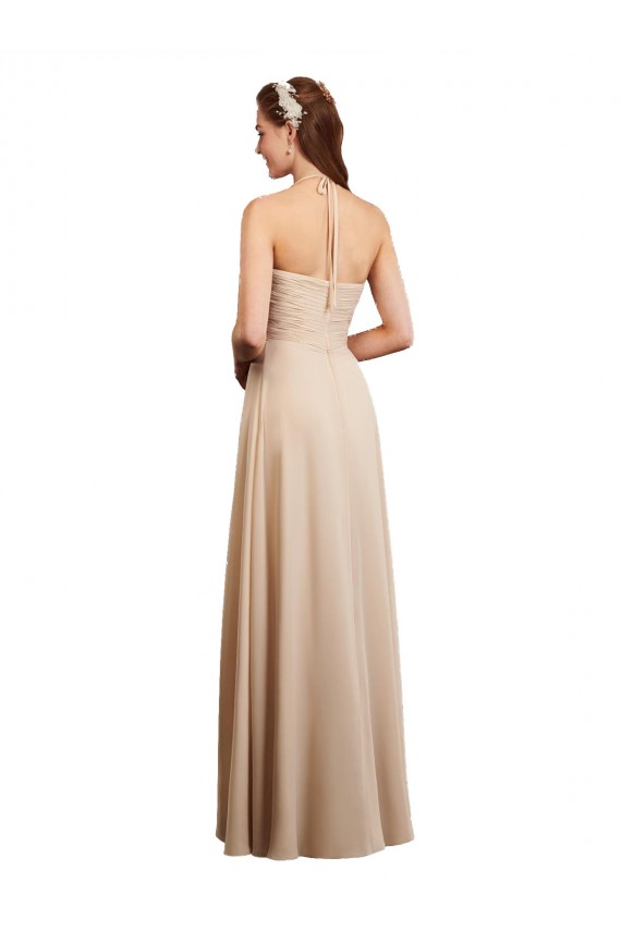 Draped Halter Neck Long Chiffon Bridesmaid Dress with Tie Back UK