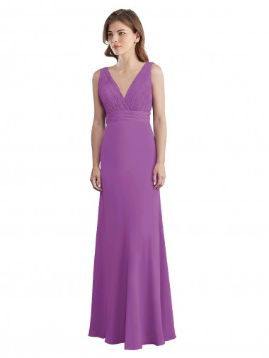 V-Shaped Neckline Long Chiffon Bridesmaid Dress with Cascading Ruffles Back UK