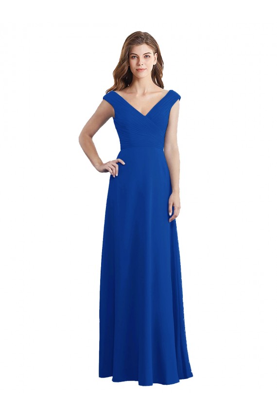 Draped Shoulder V-Neck Long Chiffon Bridesmaid Dress UK