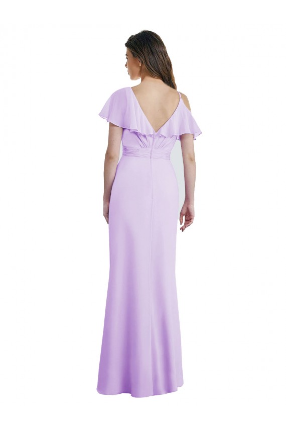 Ruffled Neckline Cold Shoulder Long Chiffon Bridesmaid Dress UK