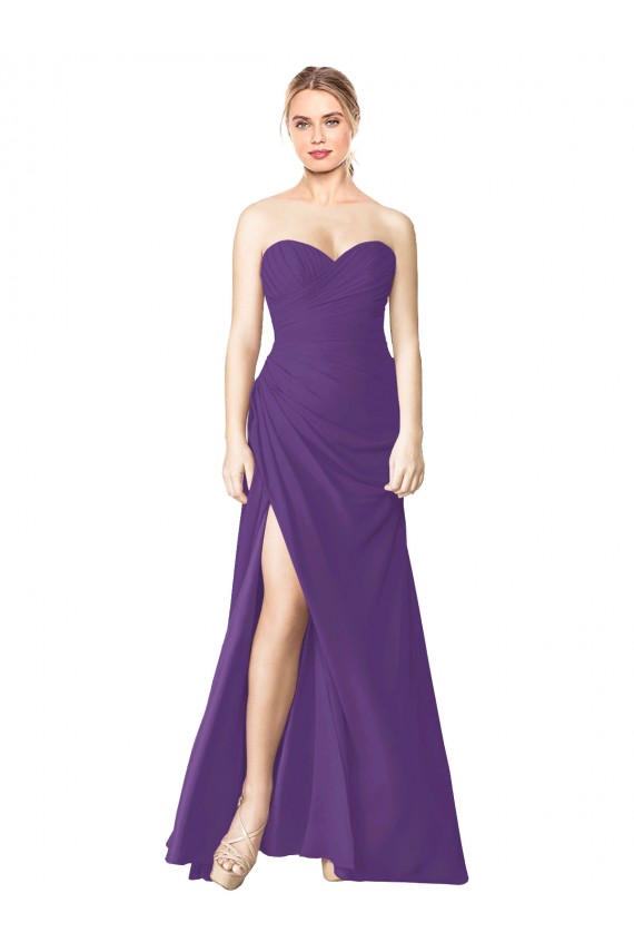 Strapless Chiffon Bridesmaid Dress with Pleated Wrap Bodice and Side Slit UK