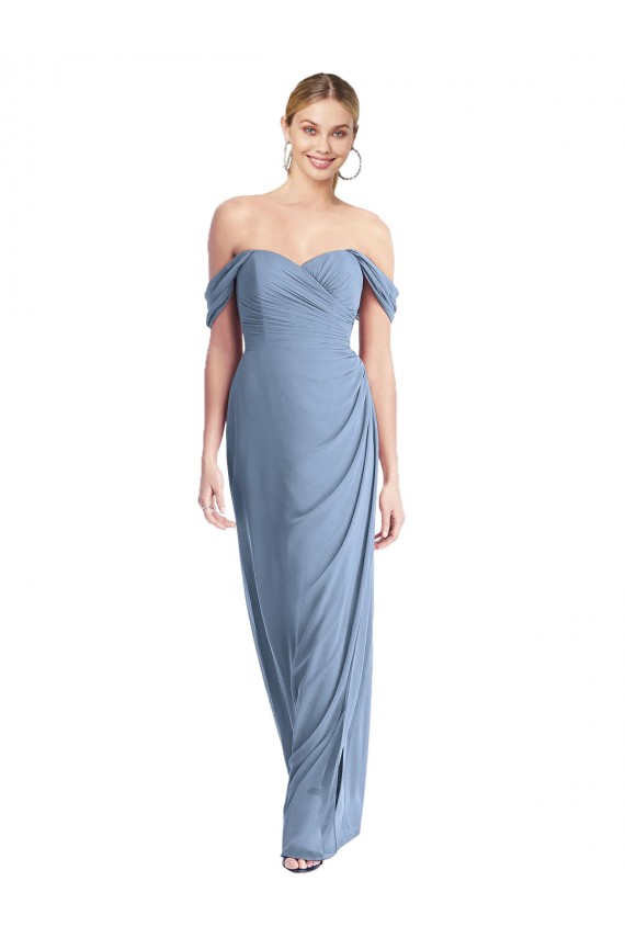 Full Length Draped Off the Shoulder Maxi Bridesmaid Dress with Shirred Streamer UK