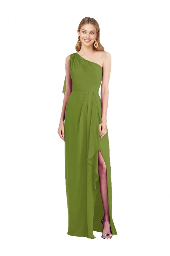 One Shoulder Chiffon Bridesmaid Dress with Draped Front Slit UK