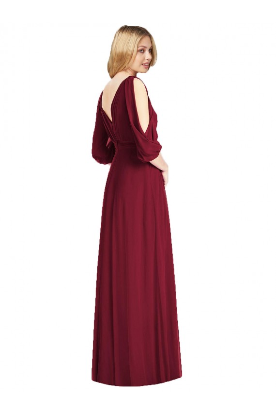 Draped V-Neck Bell Sleeves V-Back Chiffon Bridesmaid Dress UK
