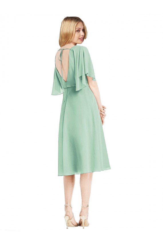 Open Back Flutter Sleeves Cocktail Length Chiffon Bridesmaid Dress UK