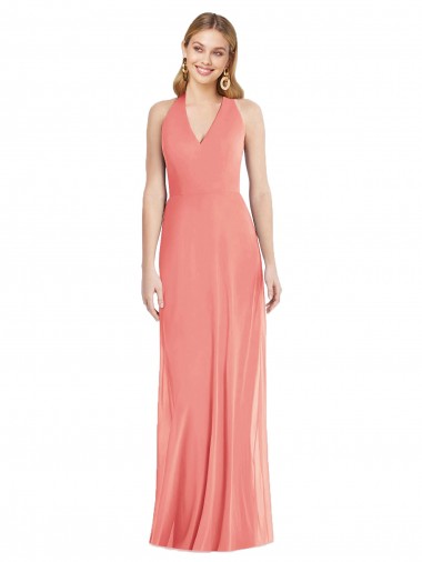 V-Neck Halter Chiffon Maxi Bridesmaid Dress Open Back UK