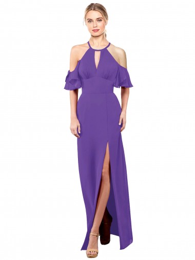 Slim A-Line Chiffon Bridesmaid Dress with Off The Shoulder Ruffle Sleeves UK