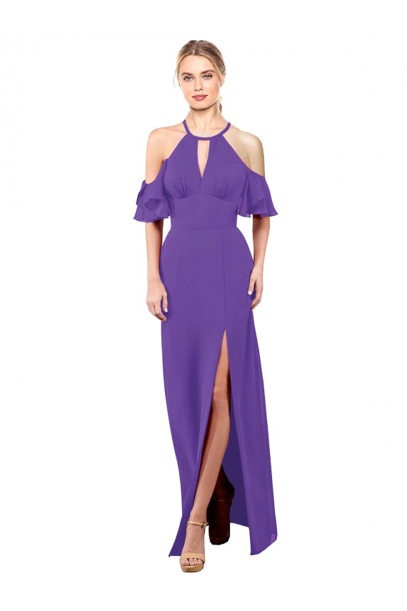 Slim A-Line Chiffon Bridesmaid Dress with Off The Shoulder Ruffle Sleeves UK