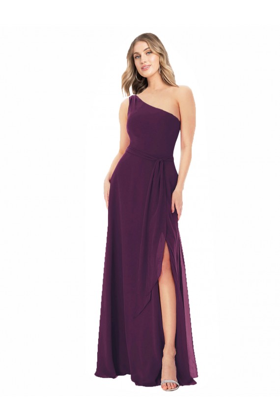 One Shoulder Chiffon Bridesmaid Dress with Tie Belt UK