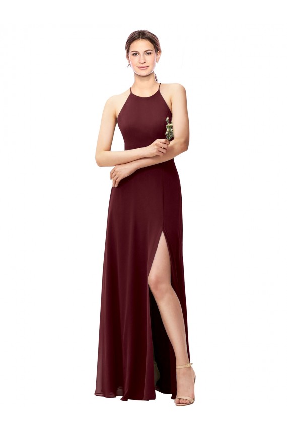 Slim Long High Halter Neck Chiffon Bridesmaid Dress with High Side Slit UK