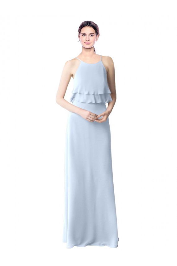High Narrow Neck Long Chiffon Bridesmaid Dress with Tiered Ruffles UK