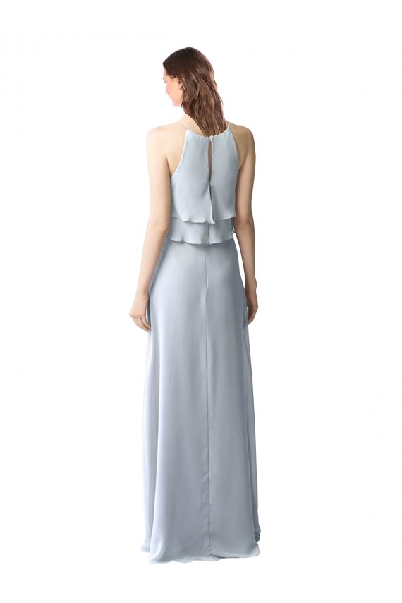 High Narrow Neck Long Chiffon Bridesmaid Dress with Tiered Ruffles UK
