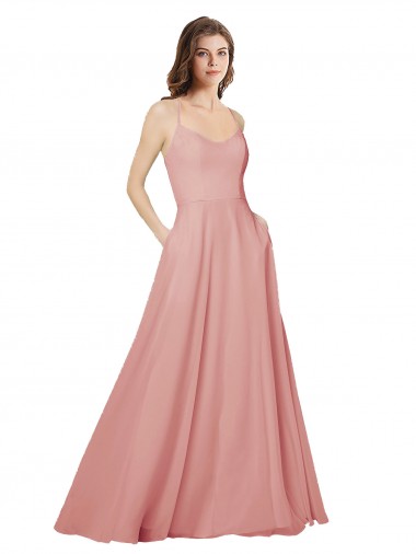 Open Back Wide Tie Band Long Chiffon Bridesmaid Dress with Pockets UK