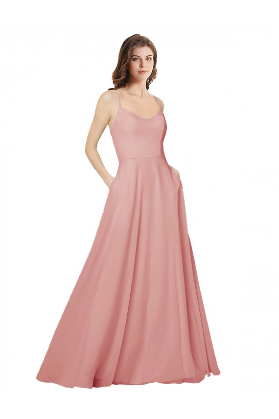 Open Back Wide Tie Band Long Chiffon Bridesmaid Dress with Pockets UK