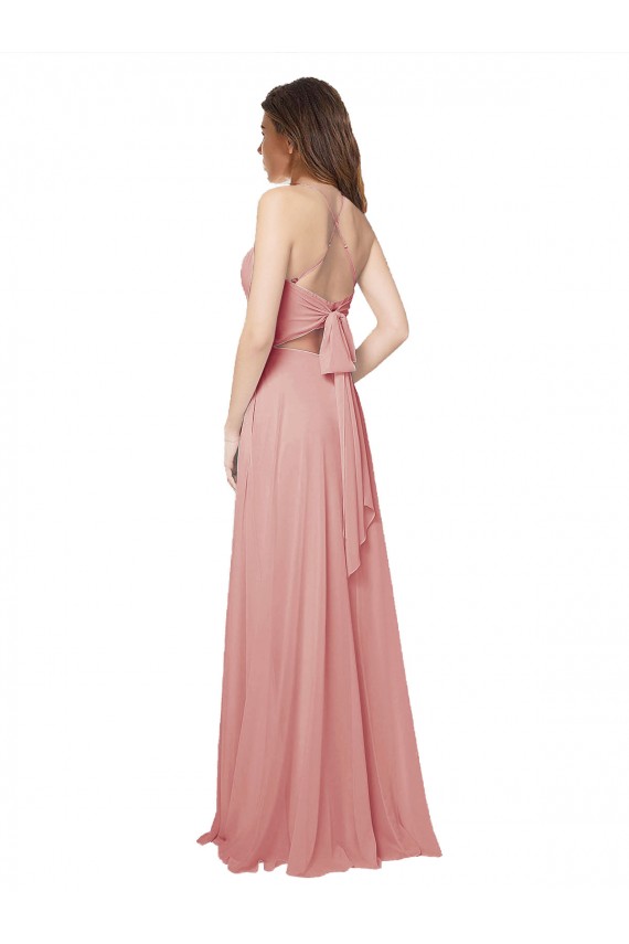 Open Back Wide Tie Band Long Chiffon Bridesmaid Dress with Pockets UK