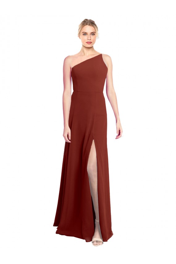 Fit and Flare One Shoulder Long Chiffon Bridesmaid Dress with High Slit UK