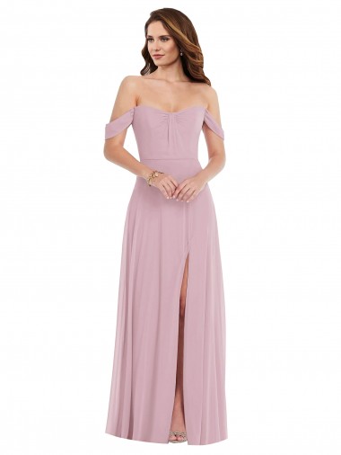 Off the Shoulder Draped Sleeve Maxi Bridesmaid Dress with Front Slit UK