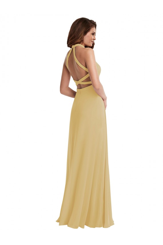 Stand Collar Halter Maxi Bridesmaid Dress with Criss Cross Open Back UK