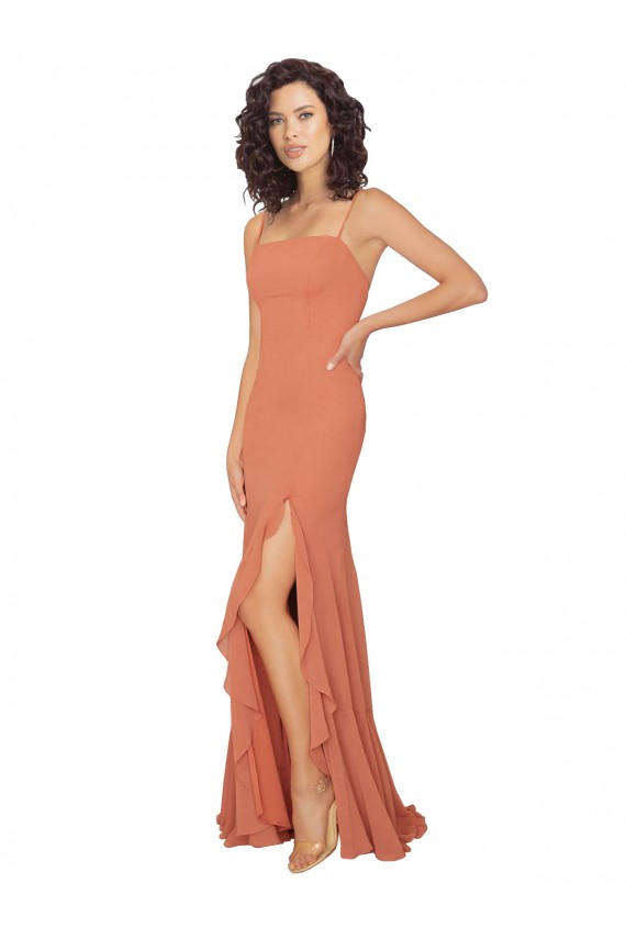 Chiffon Square Neck Bridesmaid Dress with Ruffled Skirt Slit UK