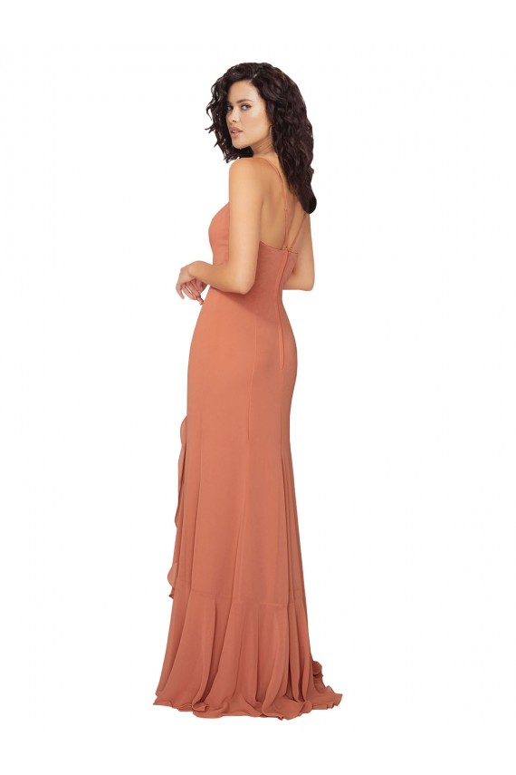 Chiffon Square Neck Bridesmaid Dress with Ruffled Skirt Slit UK