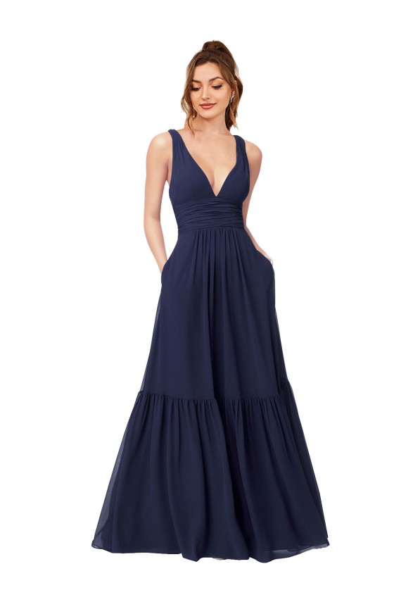 Floor Length Deep V-Neck Ruched Chiffon Long Bridesmaid Dress UK
