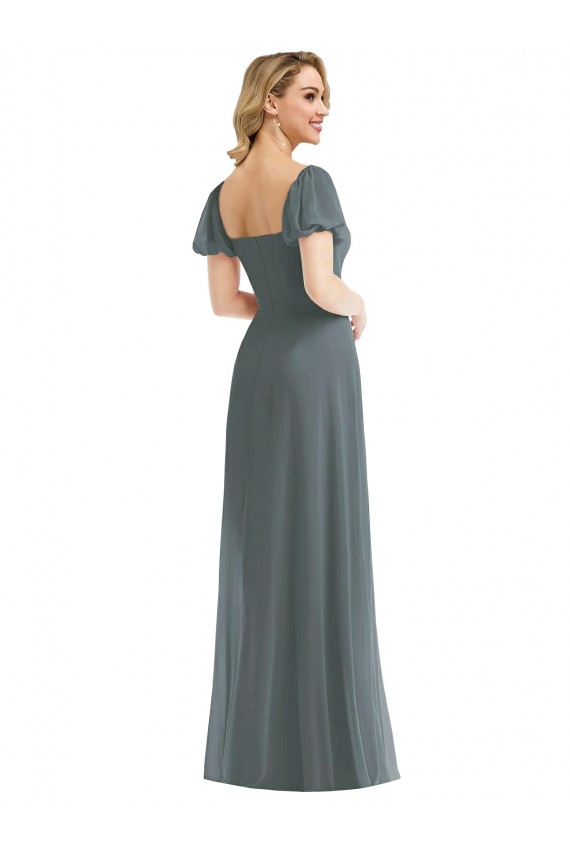 Puff Sleeves Chiffon Maxi Bridesmaid Dress with Front Slit UK