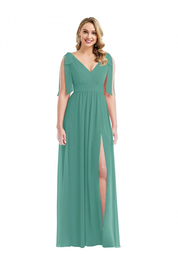 Plunge Neckline Bow Shoulder Chiffon Maxi Bridesmaid Dress UK