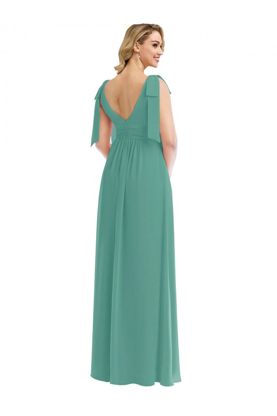 Plunge Neckline Bow Shoulder Chiffon Maxi Bridesmaid Dress UK