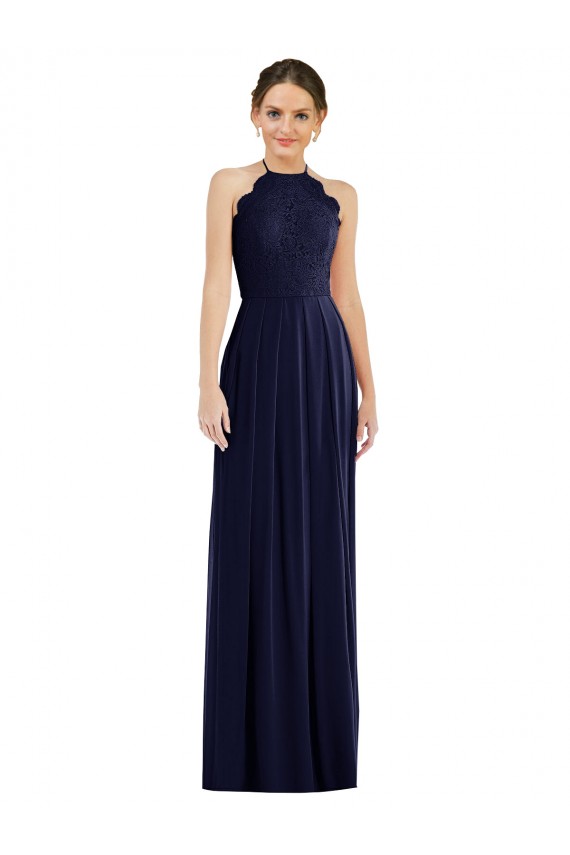 Tie Neck Lace Halter Pleated Skirt Maxi Bridesmaid Dress UK